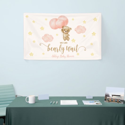 Teddybeer en roze ballonnen Baby shower Party Spandoek (Beurs)