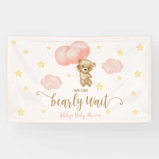 Teddybeer en roze ballonnen Baby shower Party Spandoek (Horizontaal)