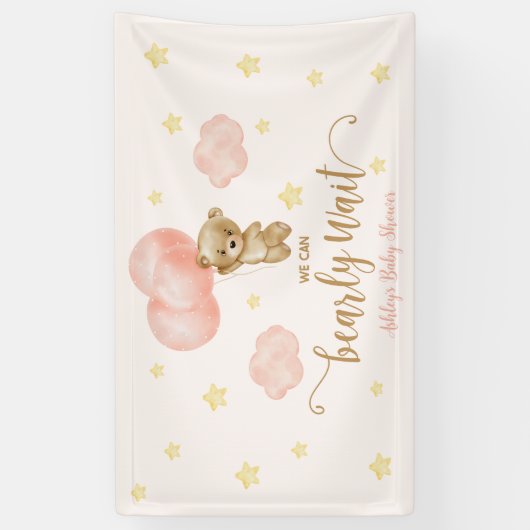 Teddybeer en roze ballonnen Baby shower Party Spandoek (Verticaal)