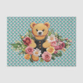  teddybeer en roze bloemige Rozen op Aqua Tissuepapier (Voorkant)