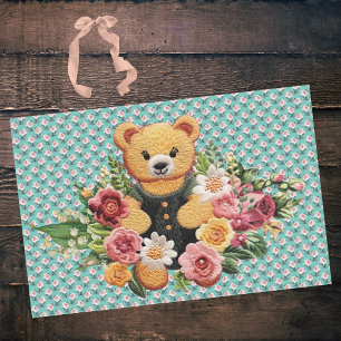teddybeer en roze bloemige Rozen op Aqua Tissuepapier