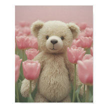 Teddybeer en roze tulp poster voor de kinderkamer