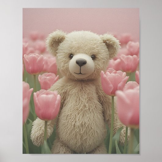 Teddybeer en roze tulp poster voor de kinderkamer (Voorkant)