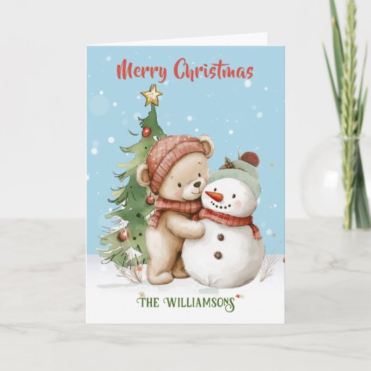 Teddybeer en sneeuwman kerstboom kaart (Voorkant)