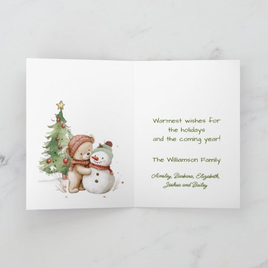Teddybeer en sneeuwman kerstboom kaart (Binnen)
