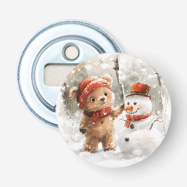 Teddybeer en sneeuwpop button flesopener