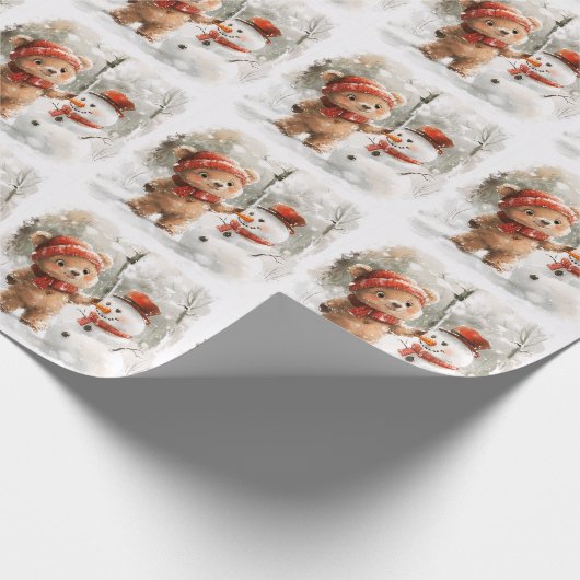 Teddybeer en sneeuwpop cadeaupapier (Hoek)