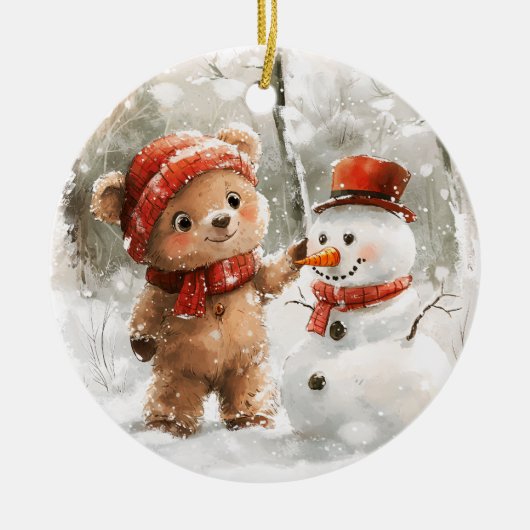 Teddybeer en sneeuwpop keramisch ornament (Voorkant)