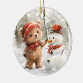 Teddybeer en sneeuwpop keramisch ornament (Links)