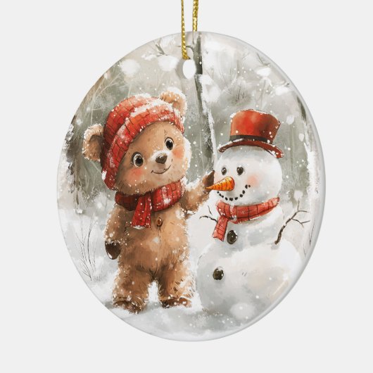 Teddybeer en sneeuwpop keramisch ornament (Links)