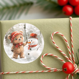 Teddybeer en sneeuwpop ronde sticker