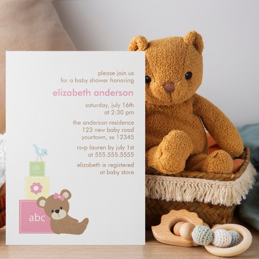 Teddybeer en Speelgoed Blocks Meisje Baby shower Kaart