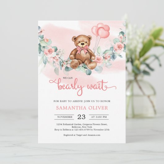 teddybeer eucalyptus krans meisje Baby shower Kaart (Staand voorkant)