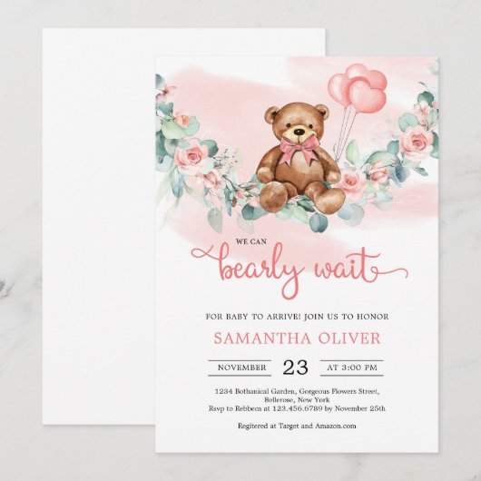 teddybeer eucalyptus krans meisje Baby shower Kaart (Voorkant / Achterkant)