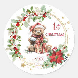 Teddybeer Foliage Poinsettia Baby 1e kerst Ronde Sticker