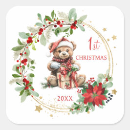 Teddybeer Foliage Poinsettia Baby 1e kerst Vierkante Sticker