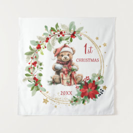 Teddybeer Foliage Poinsettia Baby 1e kerst Wandkleed