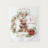 Teddybeer Foliage Poinsettia Baby 1e kerst Wandkleed (Voorkant)
