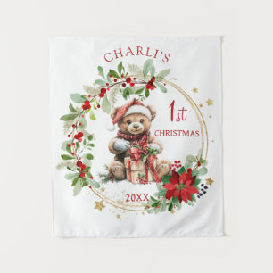 Teddybeer Foliage Poinsettia Baby 1e kerst Wandkleed