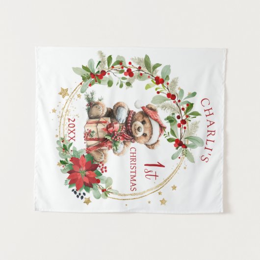 Teddybeer Foliage Poinsettia Baby 1e kerst Wandkleed (Voorkant (horizontaal))