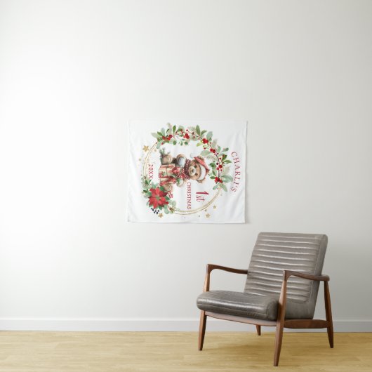 Teddybeer Foliage Poinsettia Baby 1e kerst Wandkleed (In Situ (horizontaal))