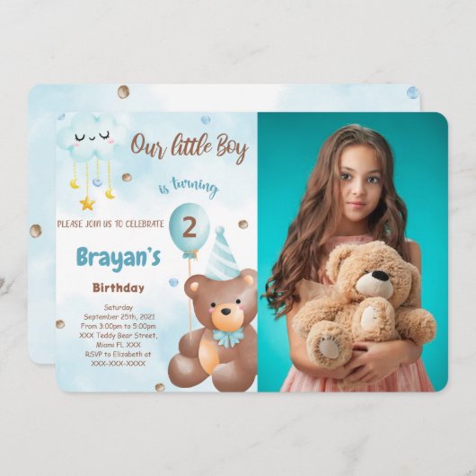 Teddybeer Foto Uitnodiging (Voorkant / Achterkant)