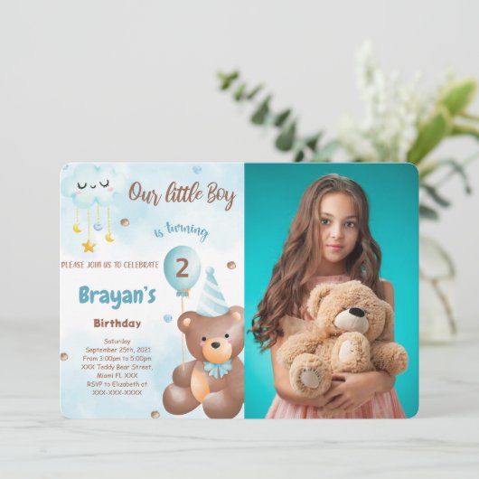 Teddybeer-foto-uitnodiging Kaart (Staand voorkant)