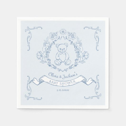 Teddybeer Frans blauw Toile Baby shower Servet (Voorkant)