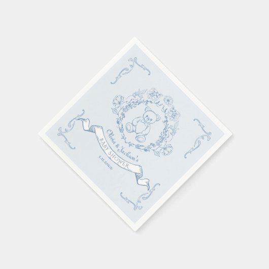 Teddybeer  Frans blauw Toile Baby shower Servet (Hoek)