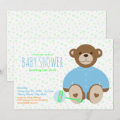 Teddybeer Gekleed in Blauw Baby shower Uitnodiging (Voorkant / Achterkant)