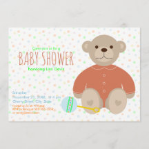 Teddybeer gekleed in Koraal Baby shower Uitnodigin