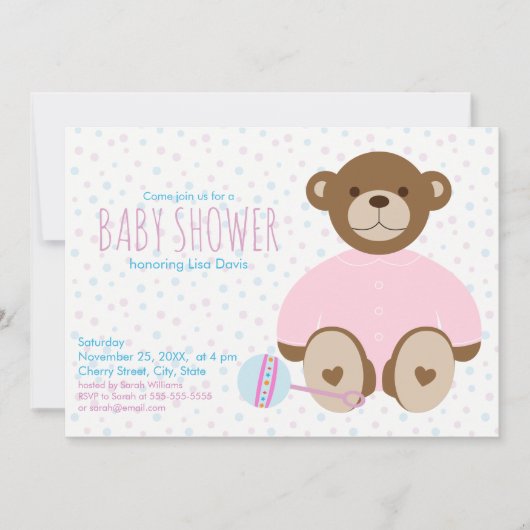 Teddybeer Gekleed in Roze Baby shower Uitnodiging (Voorkant)