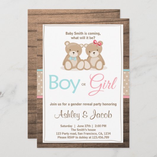 Teddybeer Genderonthulling uitnodiging Jongen of M (Voorkant / Achterkant)