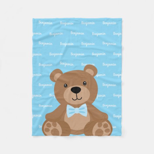 Teddybeer gepersonaliseerde blauwe naam jongen fleece deken (Voorkant)