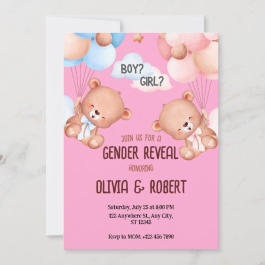 Teddybeer Geslacht onthullen uitnodigingsballonnen Kaart (Voorkant)