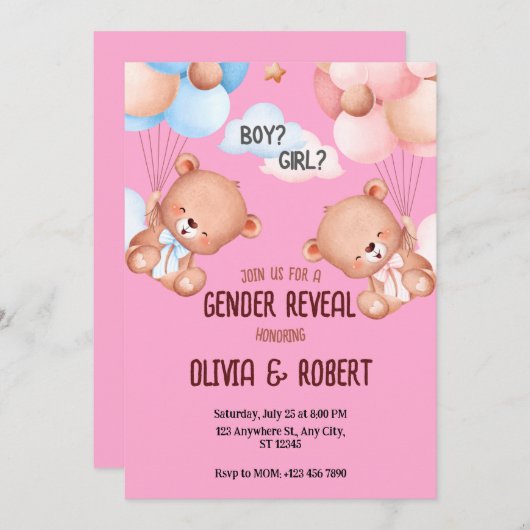 Teddybeer Geslacht onthullen uitnodigingsballonnen Kaart (Voorkant / Achterkant)