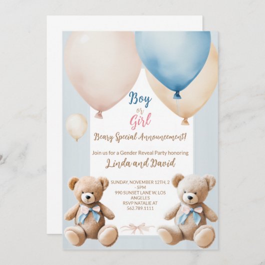 teddybeer Geslacht onthullen viering uitnodiging (Voorkant / Achterkant)