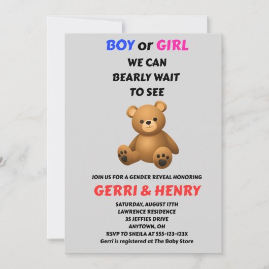 Teddybeer geslacht onthulling uitnodiging (Voorkant)