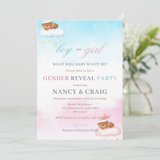 Teddybeer Geslacht Onthulling Uitnodiging Geslacht (Staand voorkant)