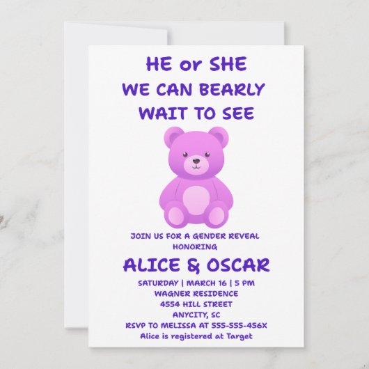 Teddybeer Geslacht Reveal Uitnodiging (Voorkant)