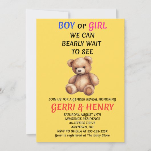 Teddybeer Geslacht Uitnodiging (Voorkant)