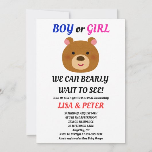 Teddybeer Geslacht Uitnodiging (Voorkant)