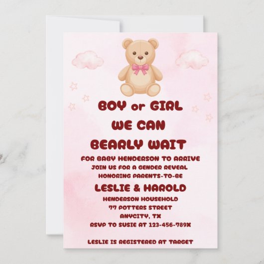 Teddybeer Geslacht Uitnodiging (Voorkant)