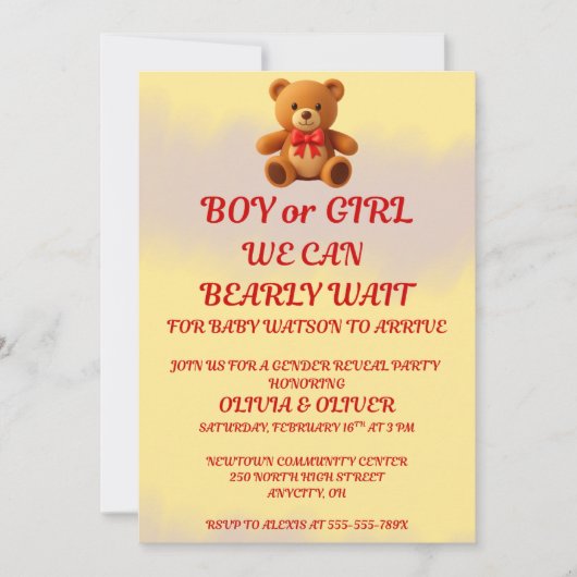 Teddybeer Geslacht Uitnodiging (Voorkant)