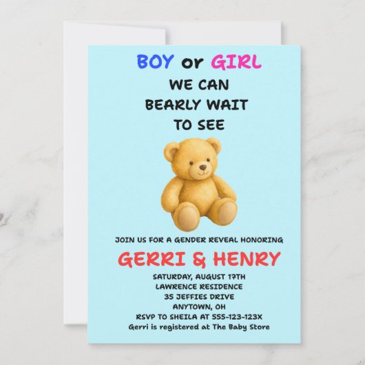 Teddybeer Geslacht Uitnodiging (Voorkant)
