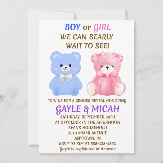 Teddybeer Geslacht Uitnodiging (Voorkant)