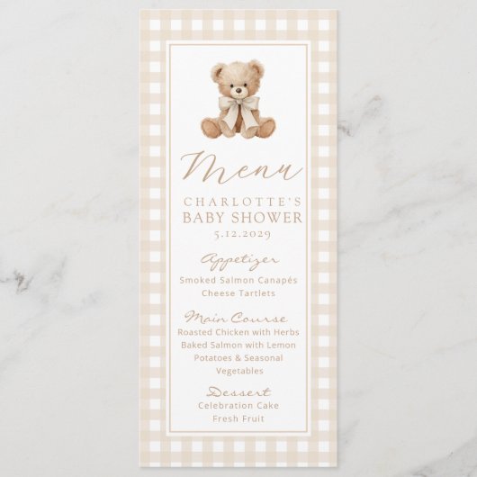 Teddybeer Geslachtsonafhankelijke Gingham Baby Sho Menu (Voorkant)