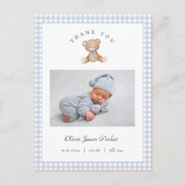 Teddybeer Gingham Baby Jongen Geboorteaankondiging Briefkaart