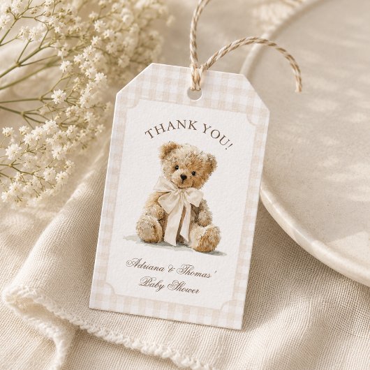 Teddybeer Gingham Baby Shower Bedankt Cadeaulabel