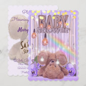 Teddybeer gouden glitter licht paarse baby shower kaart (Voorkant / Achterkant)